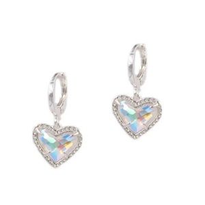 small White gold plated crystal iridescent Heart Hoop Dangle earrings